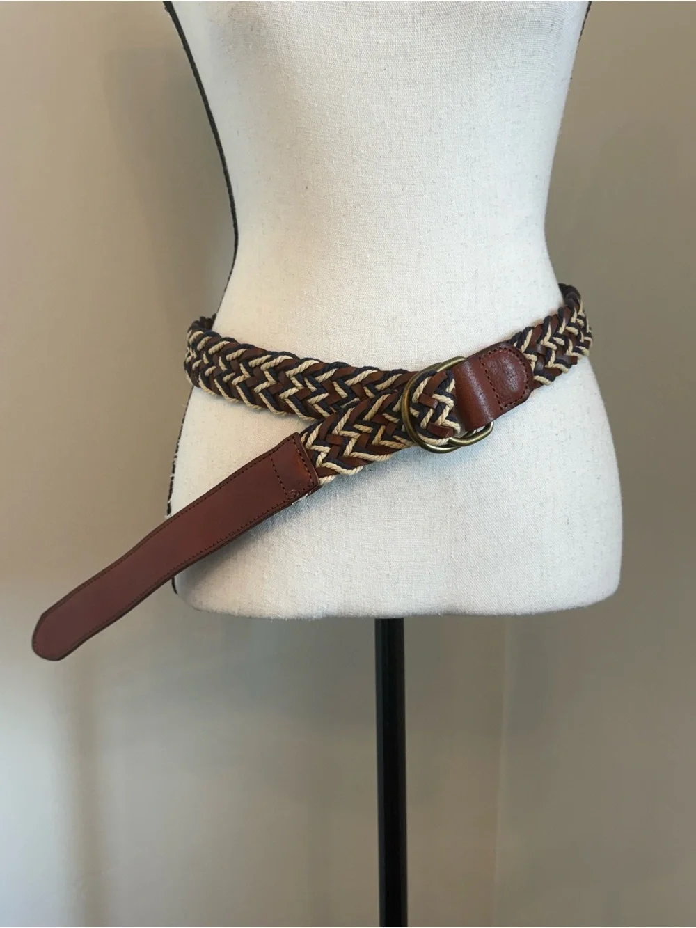Lucky Brand Braided Leather Rope D Ring Belt Size 36 Brown Navy Cream Woven